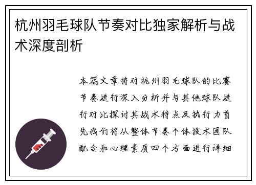 杭州羽毛球队节奏对比独家解析与战术深度剖析